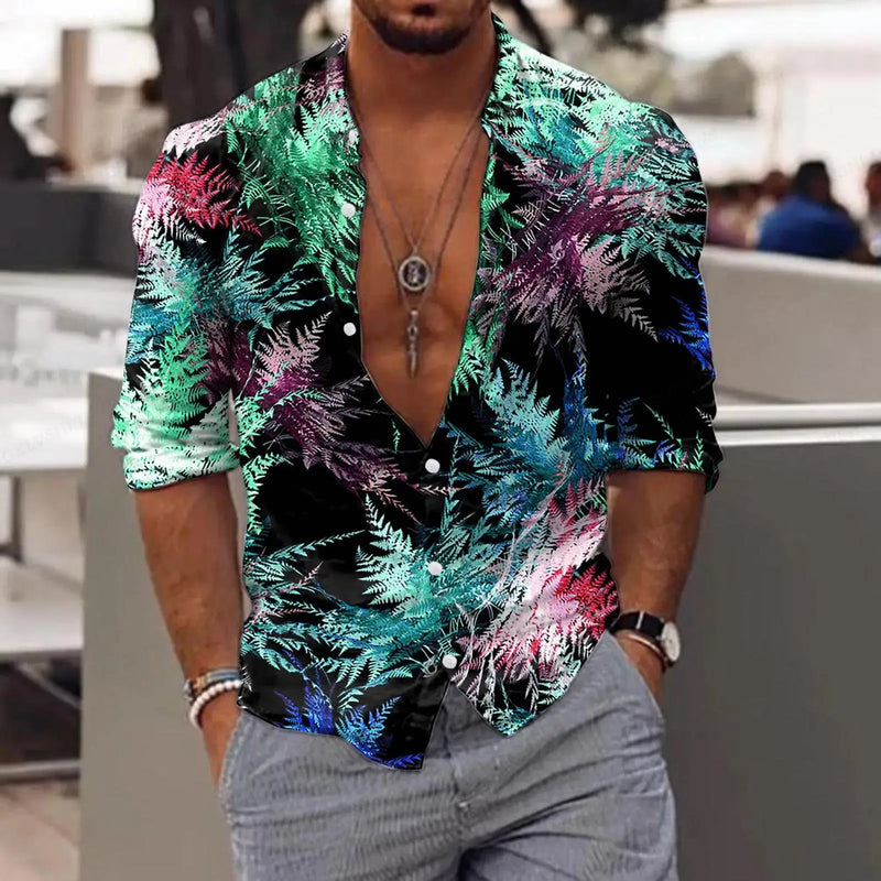 New Trend Men's Shirts Casual Floral Printed Lapel Button Long Sleeve.