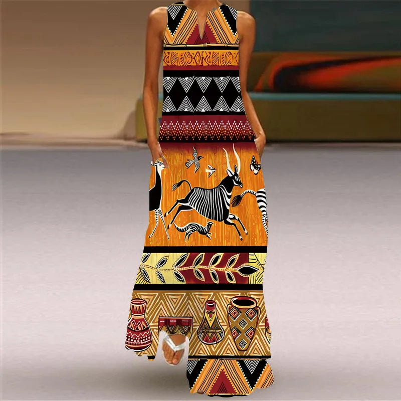Vintage Print Maxi Dress For Women.