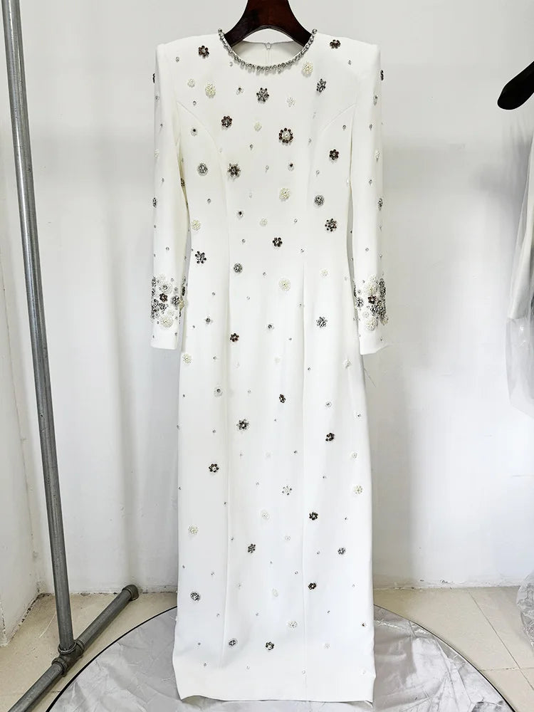 Women's Formal Long Sleeve Luxurious Beaded Long Maxi Dress.