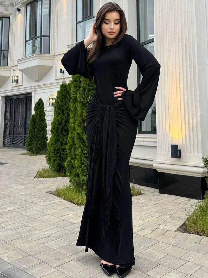 Dulzura Autumn Fashion Elegant O-Neck Long Flare Sleeve Ruched Slim Fit Ribbon.