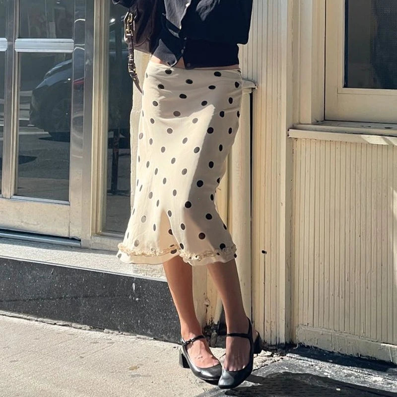 Casual Women Polka Dot Skirts Lettuce Trim Beige Elegant Midi Skirts.