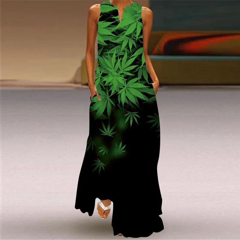 3D Floral Printed Dress Summer Vintage V-neck Sleeveless Loose Maxi Dress Elegant.