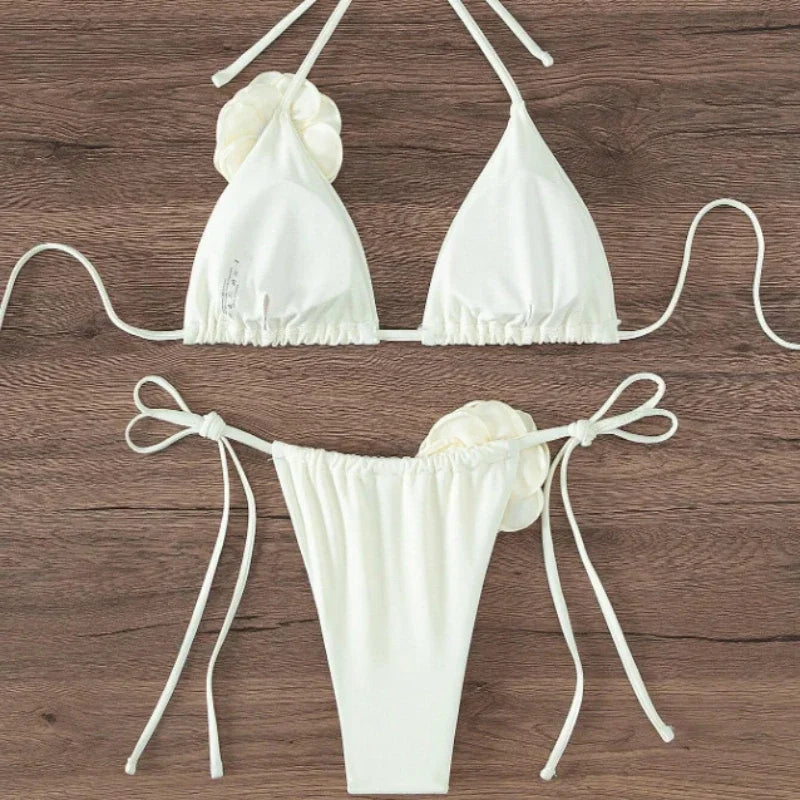 S - L Sexy 3D Flowers Halter Strappy Bikini Women Swimwear Female Swimsuit.