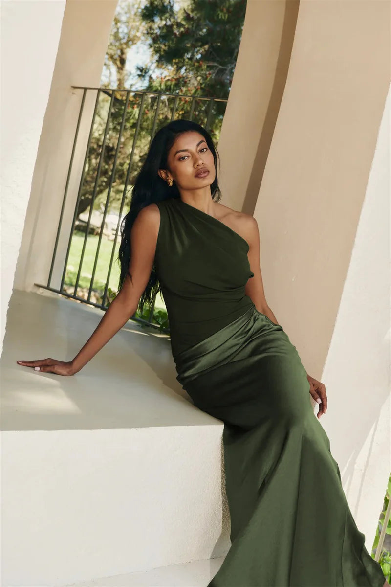 Women’s Mozision Satin Inclined Shoulder Sexy Maxi Dress.