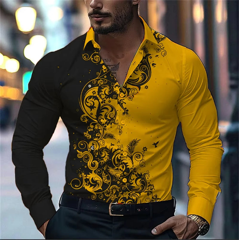 Men's Stylish Red Floral Print Dress Shirt - Casual Long Sleeve Button-Up.