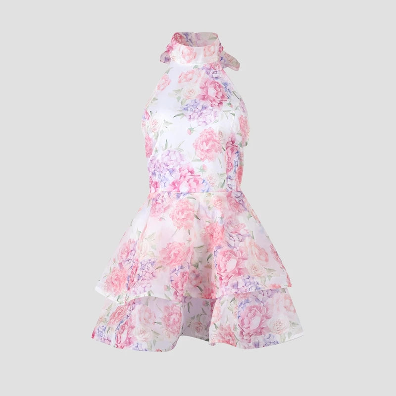 Women’s Chic Floral Printed Mini Dress Backless Sleeveless.