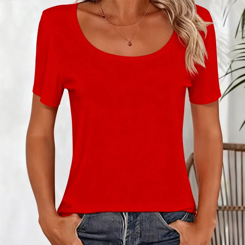 1pcs Women's T-shirt Girl Solid Basic Fashionable Sexy Tee Lady Short Sleeve.