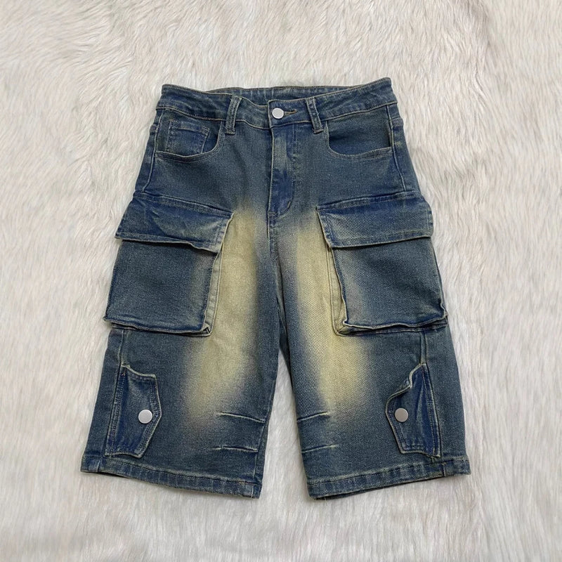 Summer Women High Waisted Jean Shorts Washed Pockets Elastic Straight.