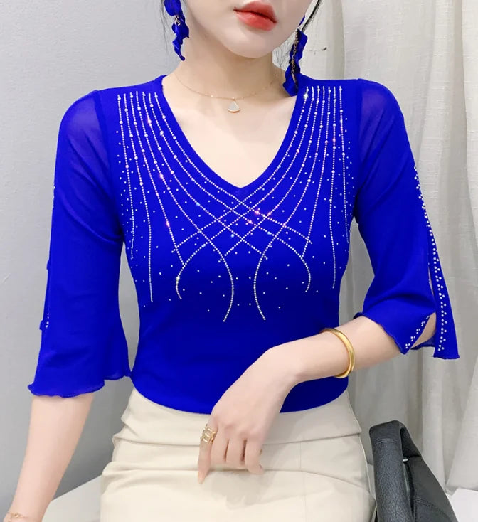 Summer Women Tops New Korean Fashion Diamond Mesh T Shirt V-neck.