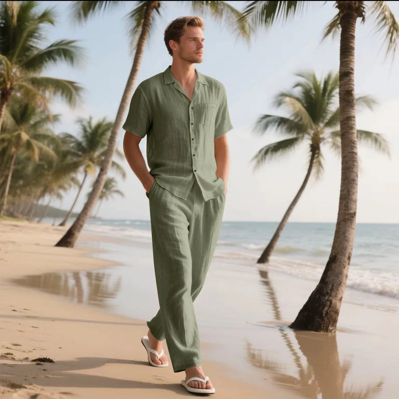 Summer Beach Men's linen short-sleeved shirt set is a two-piece long pants set.