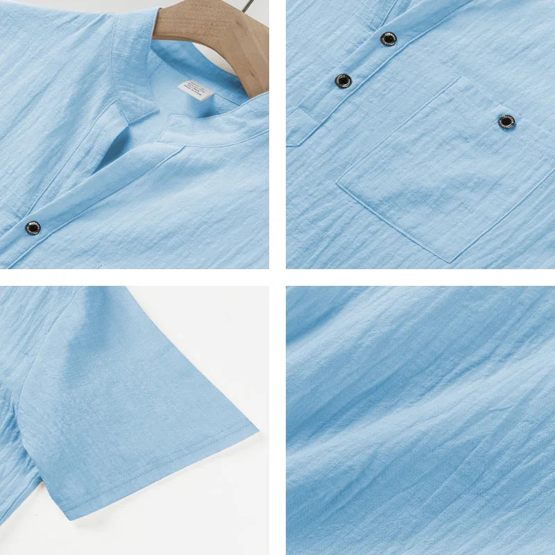 Men's stand up collar short sleeved T-shirt Male Cotton and linen.