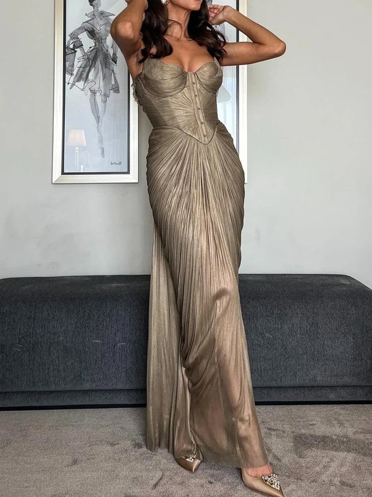 Sexy V-neck Draped Slim Suspender Dress Women Elegant Hight Waist.