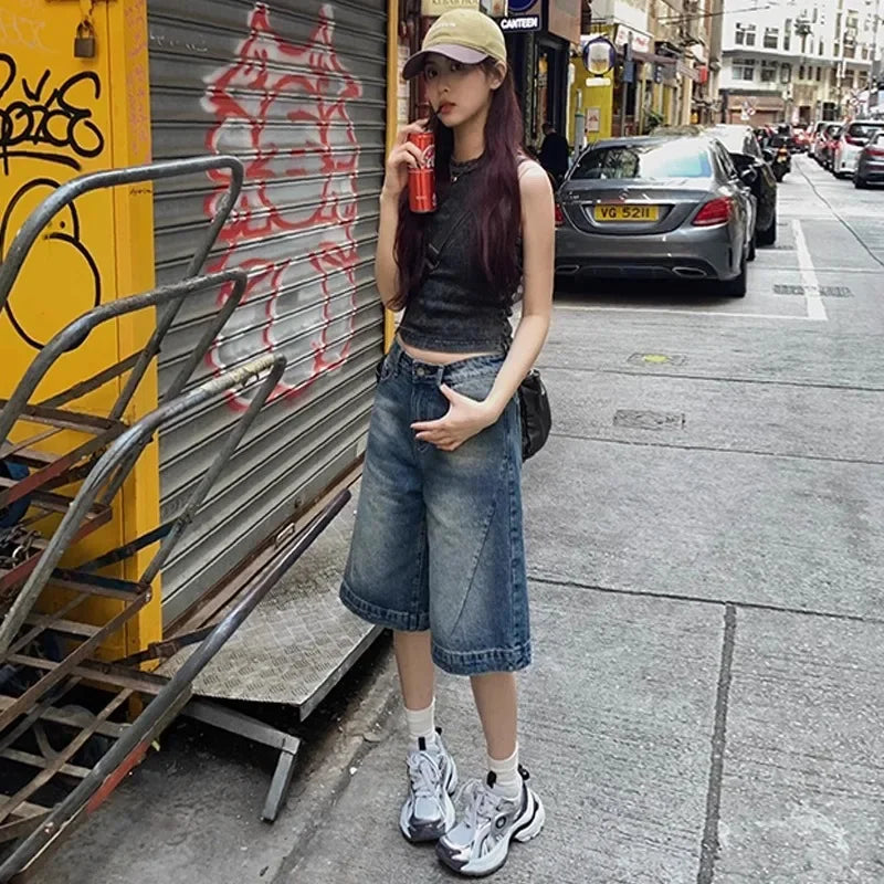 High Waist Wide Leg Thin Denim Shorts Women Summer.