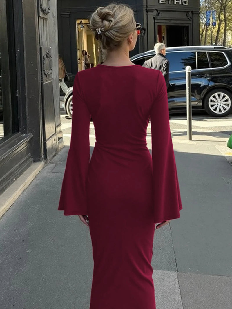 Dulzura Autumn Fashion Elegant O-Neck Long Flare Sleeve Ruched Slim Fit Ribbon.