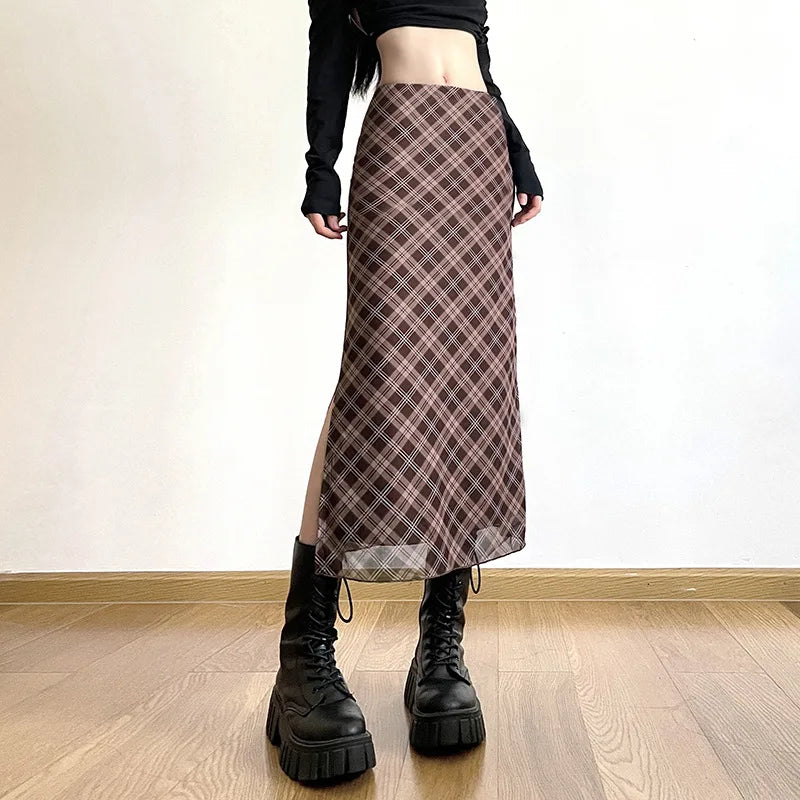 Women Spring Autumn Plaid Print Wrap Hips Skirts Fashion Ankle-Length Sexy.