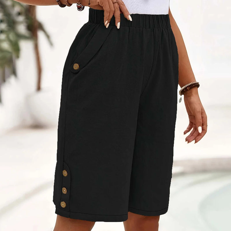 Women's Summer Cotton Linen Wide Leg Shorts Casual Loose Elastic.