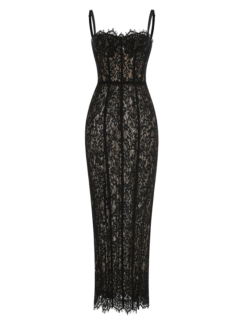 Black Lace Patwork Sleeveless Maxi Dress for Women.