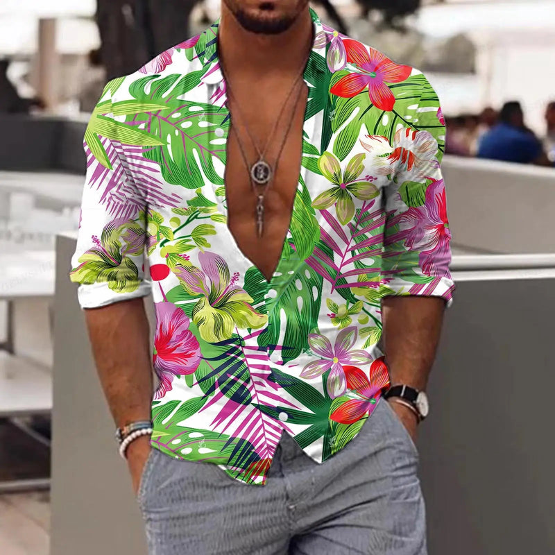 New Trend Men's Shirts Casual Floral Printed Lapel Button Long Sleeve.