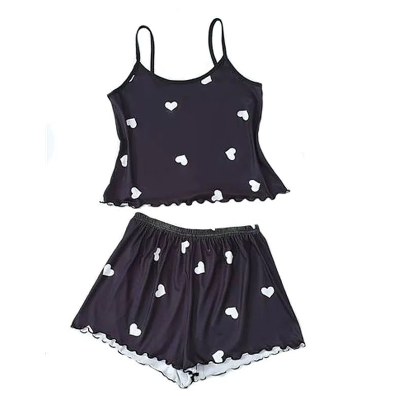 Women's Pyjamas Two-Piece Suspender Heart Printed Top and Shorts.
