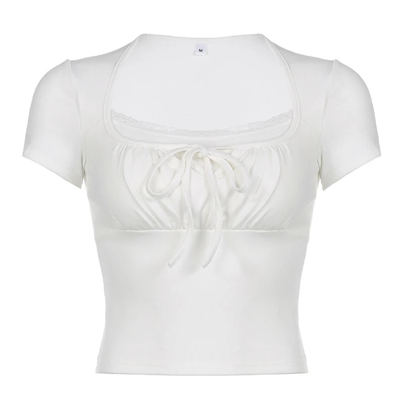 Casual White Knitted Lac Patched Female T-shirts.