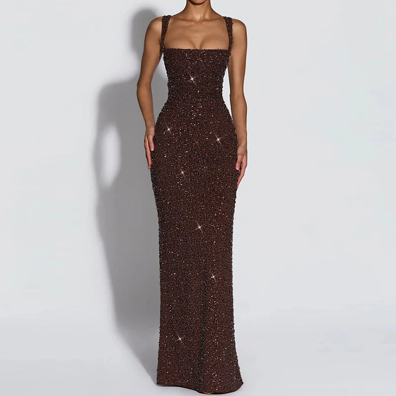 Square Collar Spaghetti Strap Chic Maxi Dress for Women.
