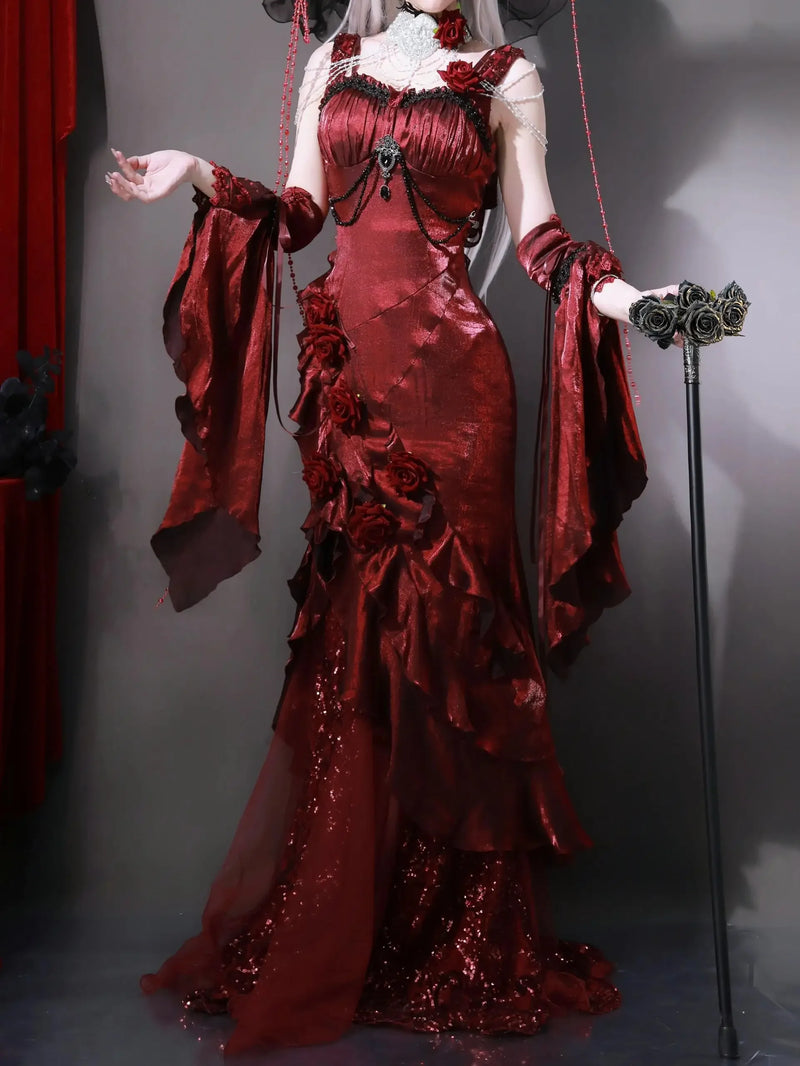 Women’s Red Rose Lolita Slimming Long Asymmetrical Fishtail Dress.