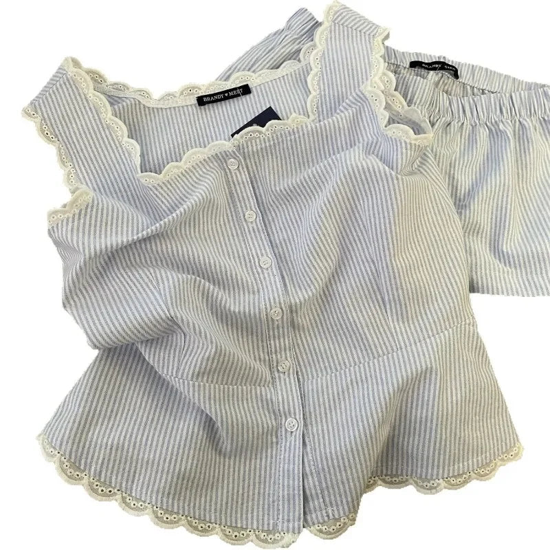 Striped Women Pajamas Summer Sleepwear Sleeveless Shorts Sets 2 Pieces.