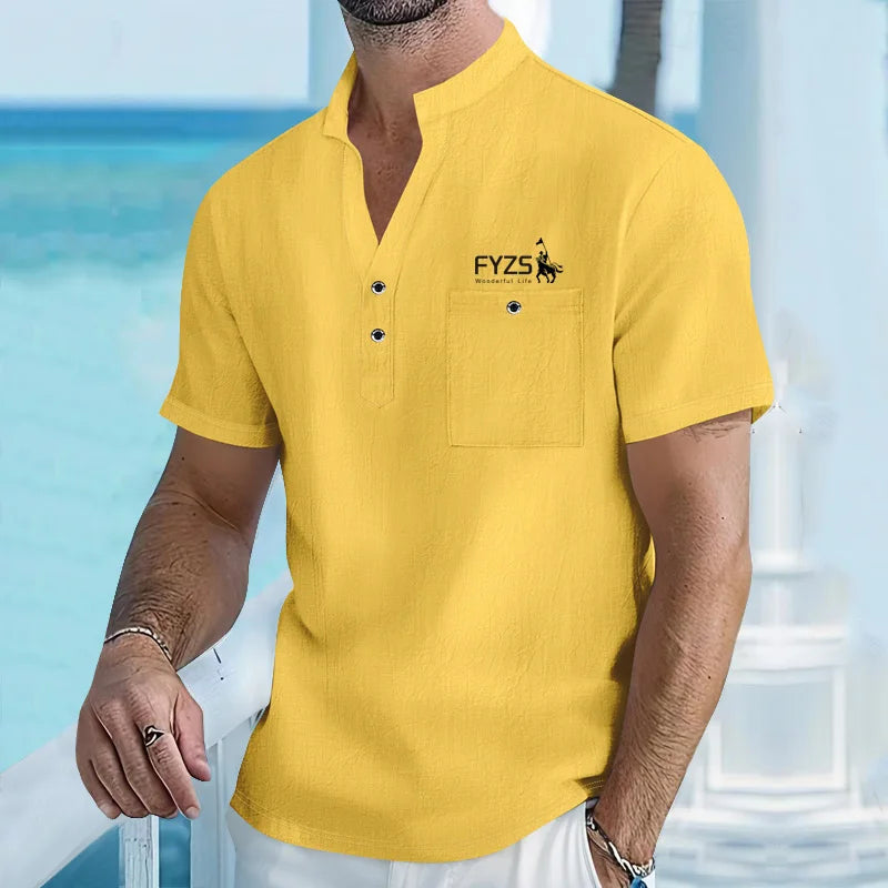 Men's stand up collar short sleeved T-shirt Male Cotton and linen.