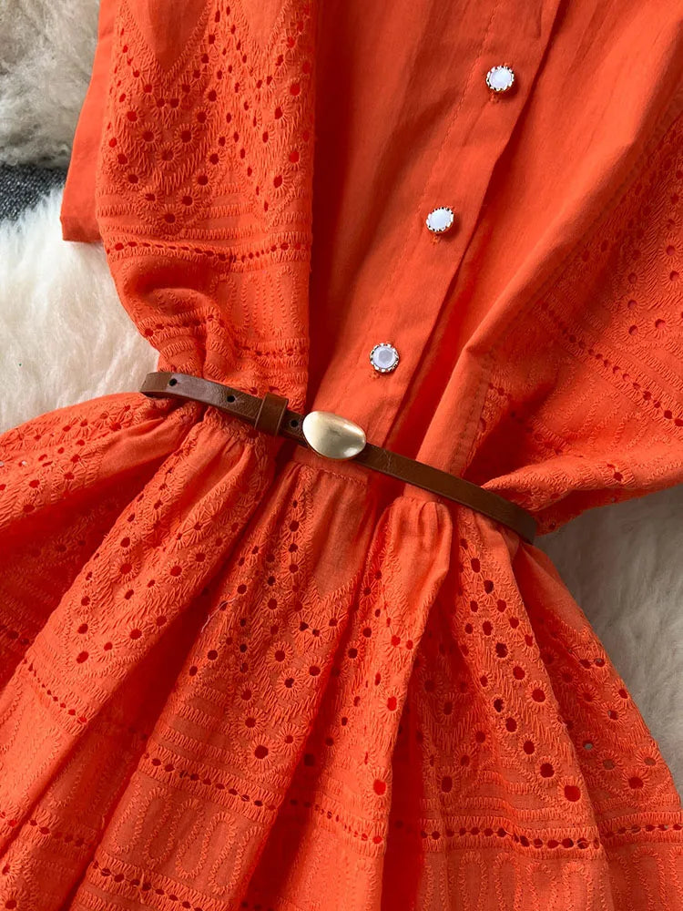 Women Summer Dress Loose Breasted Lace Up Long Dress.