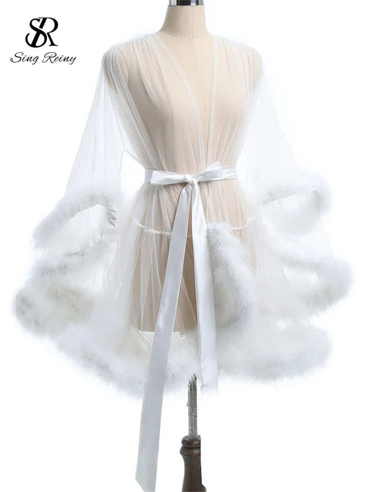 SINGREINY Female Sheer Shapewear Robes Fashoin Long Sleeve Plush Spliced.