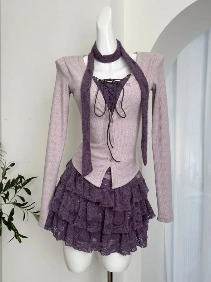 Korean Sexy Fashion Elegant 2 Piece Set Women Bow Lace Tops+Slim Fit Chic Dress.