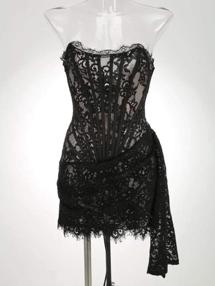 Women’s Sexy Lace See-through Patchwork Corset Dress.