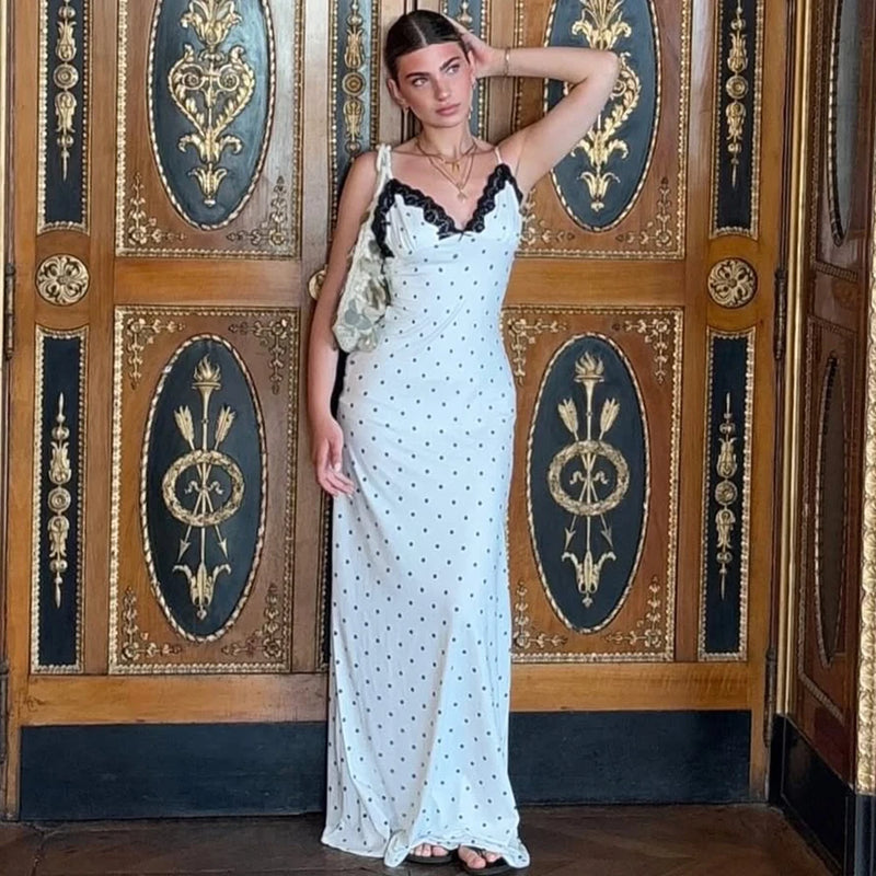 Women's Elegant Retro V-Neck Polka Dot Sleeveless Dress.