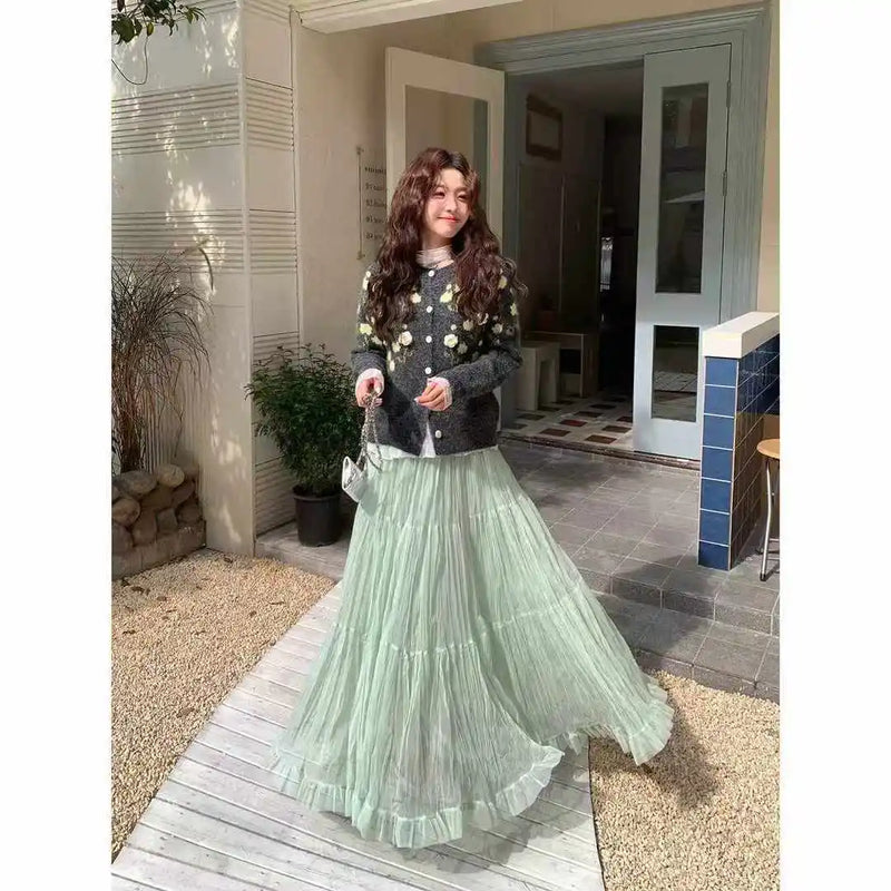 Elegant Pleated Skirt for Women with Elastic Waist Slim Fit A-Line Long.