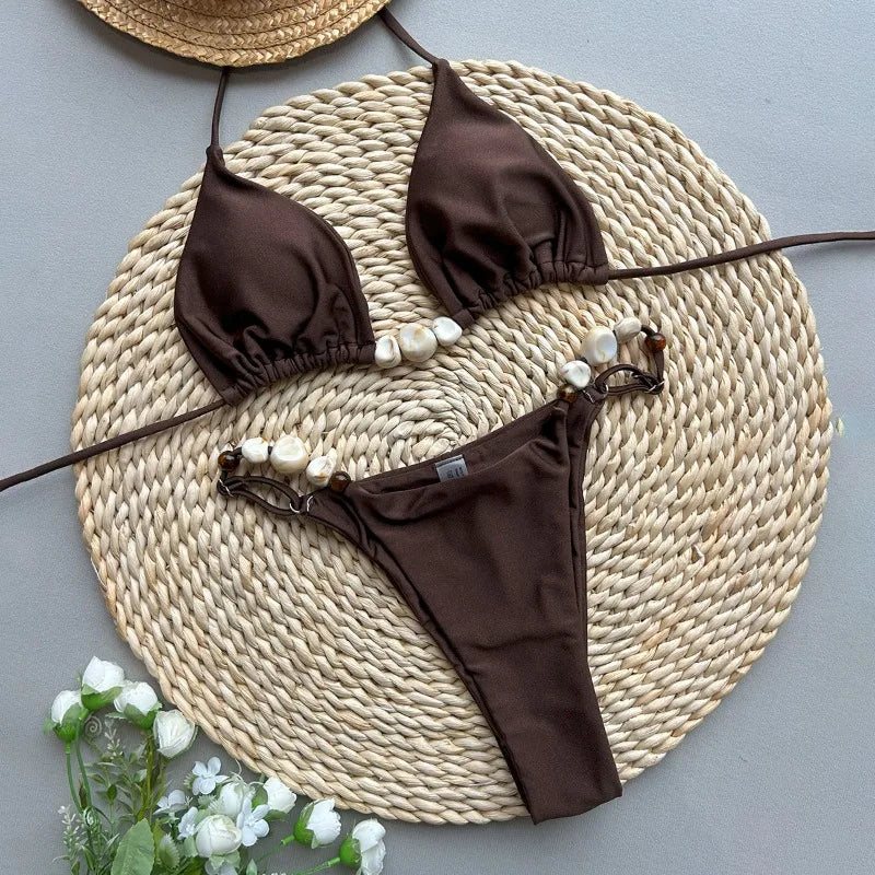 Solid Green Swimwears Sexy Halter Triangle Bead String Bikini Mini Micro.
