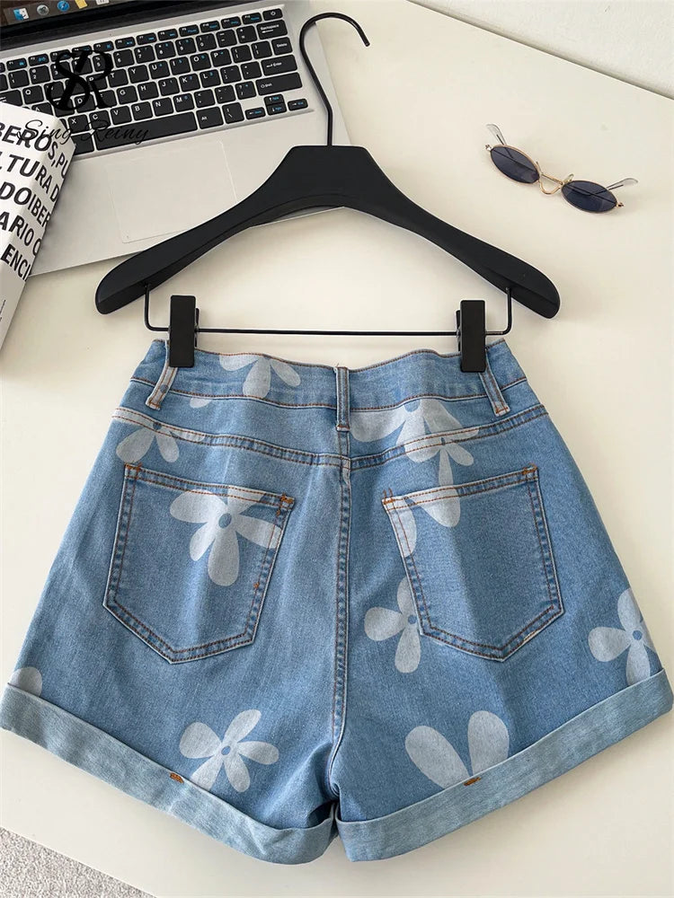 SINGREINY Print Denim Shorts Casual Korean Style High Waist Slim.