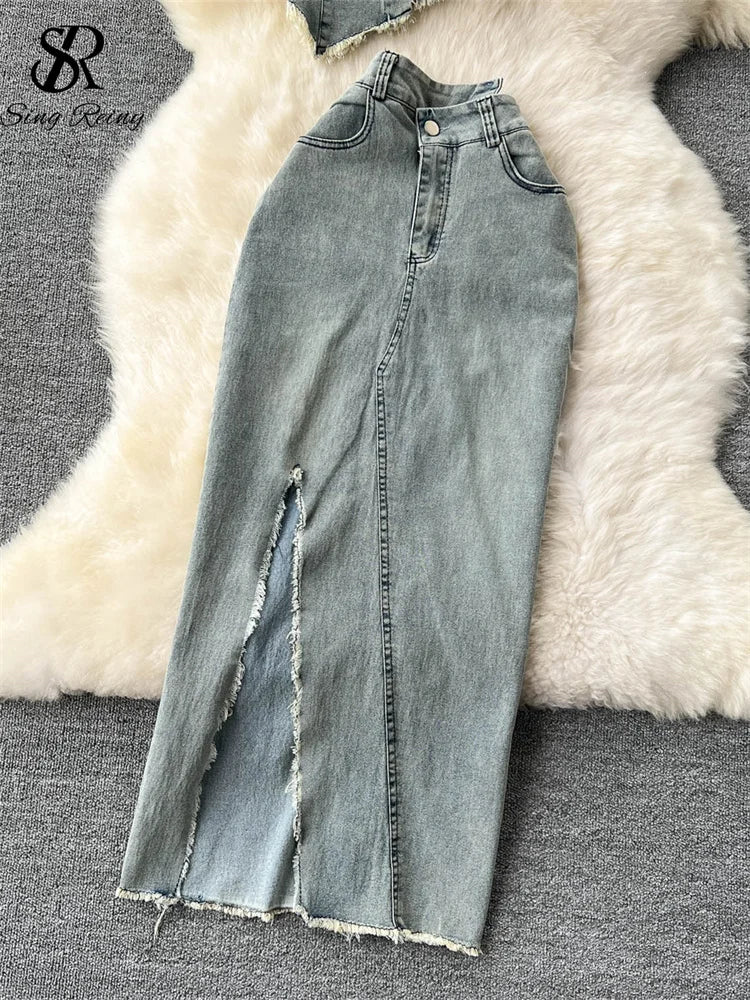 SINGREINY Streetwear Irregular Design Denim Two-piece Set Strapless Button.