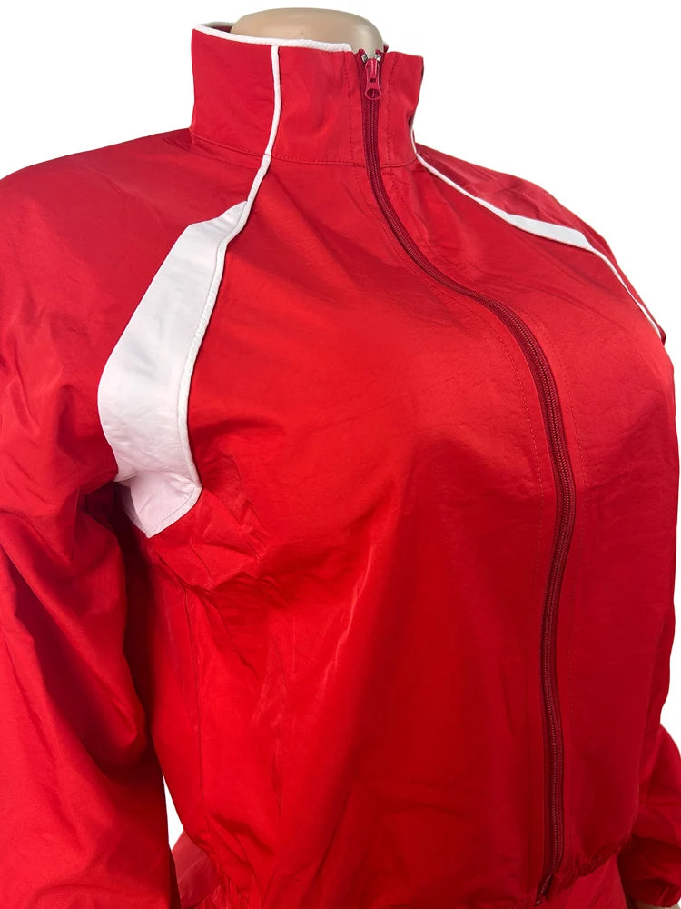 Beyprern Red Sporty 2 Piece Set Women New Casual Zip Up Jacket and Mini Skirt.