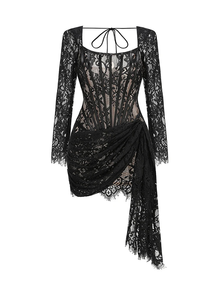 Women’s Sexy Lace See-through Patchwork Corset Dress.