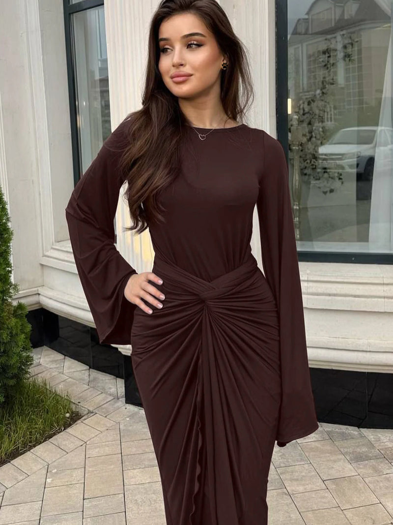 Dulzura Autumn Fashion Elegant O-Neck Long Flare Sleeve Ruched Slim Fit Ribbon.