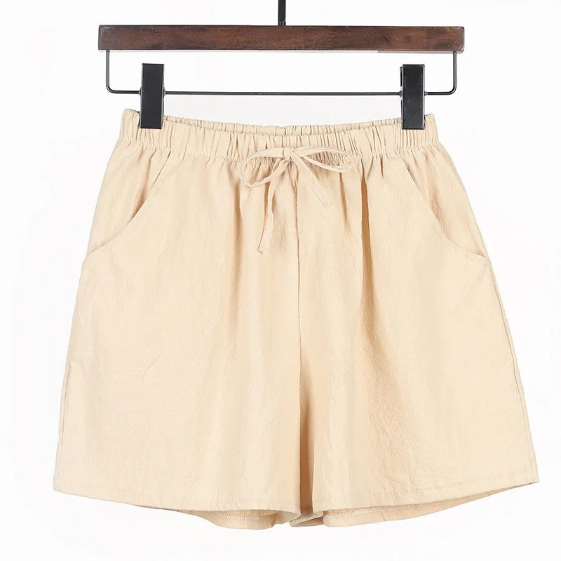 Women Summer Cotton Shorts Casual Solid Pockets Basic Shorts Elastic Waist.