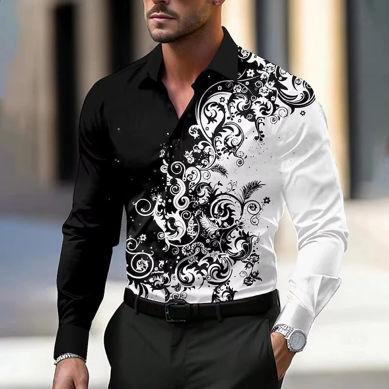 Men's Stylish Red Floral Print Dress Shirt - Casual Long Sleeve Button-Up.