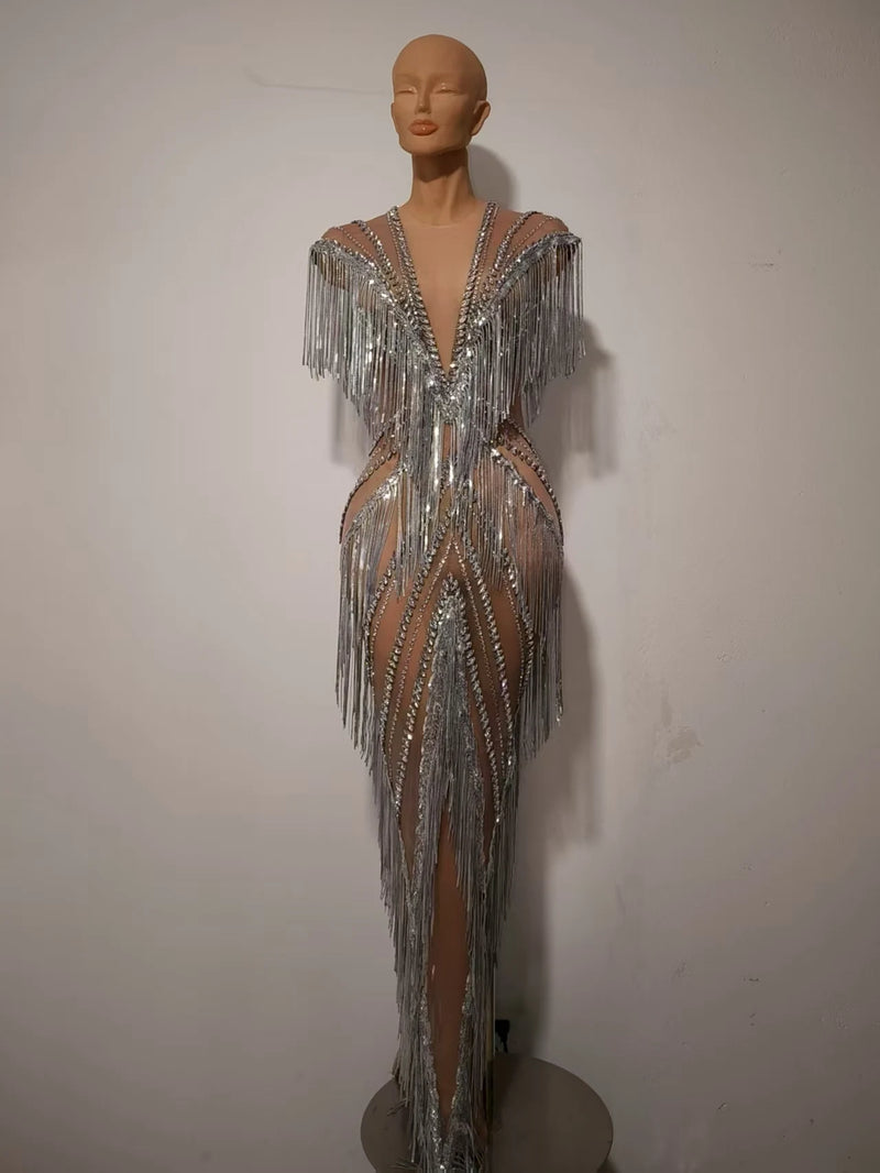 Women Sexy Mesh Sparkly Rhinestone Tassels Stretch Long Dress.