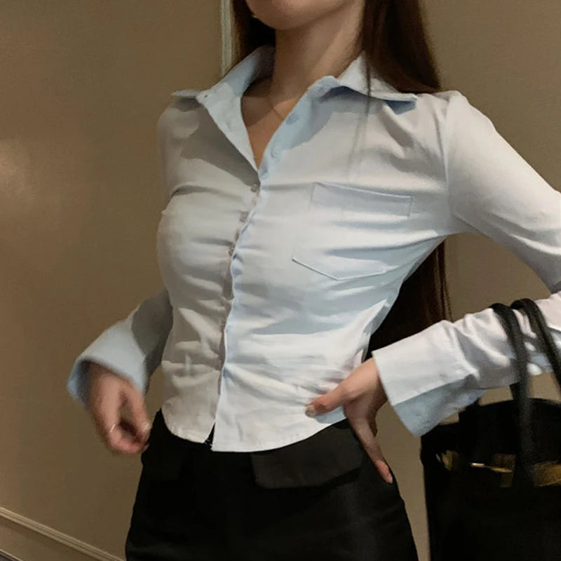 Gidyq Elegant Women Korean Shirts Fashion Streetwear Female Slim Blouse.