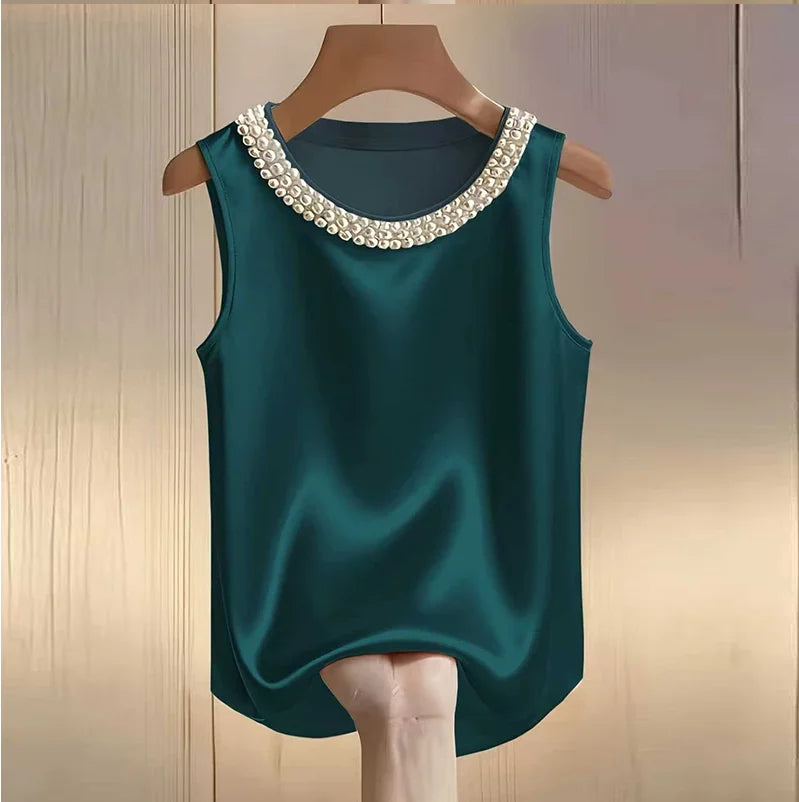 Elegant Satin Shirt Women Summer Bead Design Silk Blouse Women.