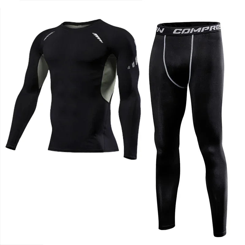 Men Sports Running Set Compression Shirt + Pants Skin-Tight Long Sleeves.