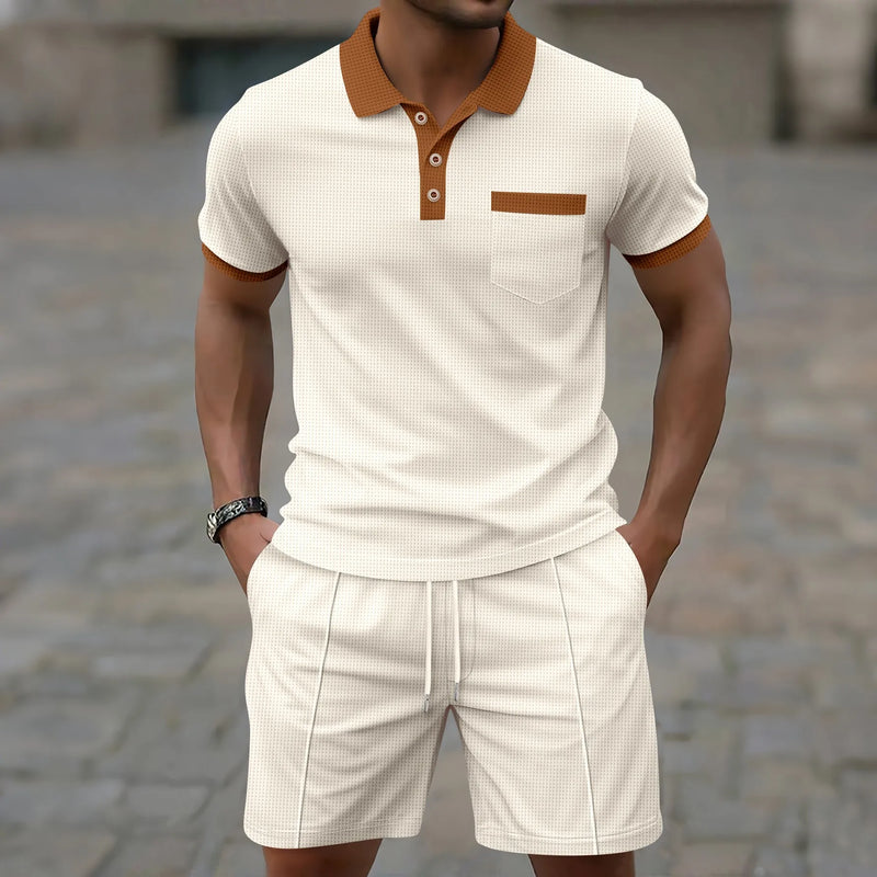 Men waffle pocket color matching POLO shirt short sleeve shirt T-shirt shorts two sets.
