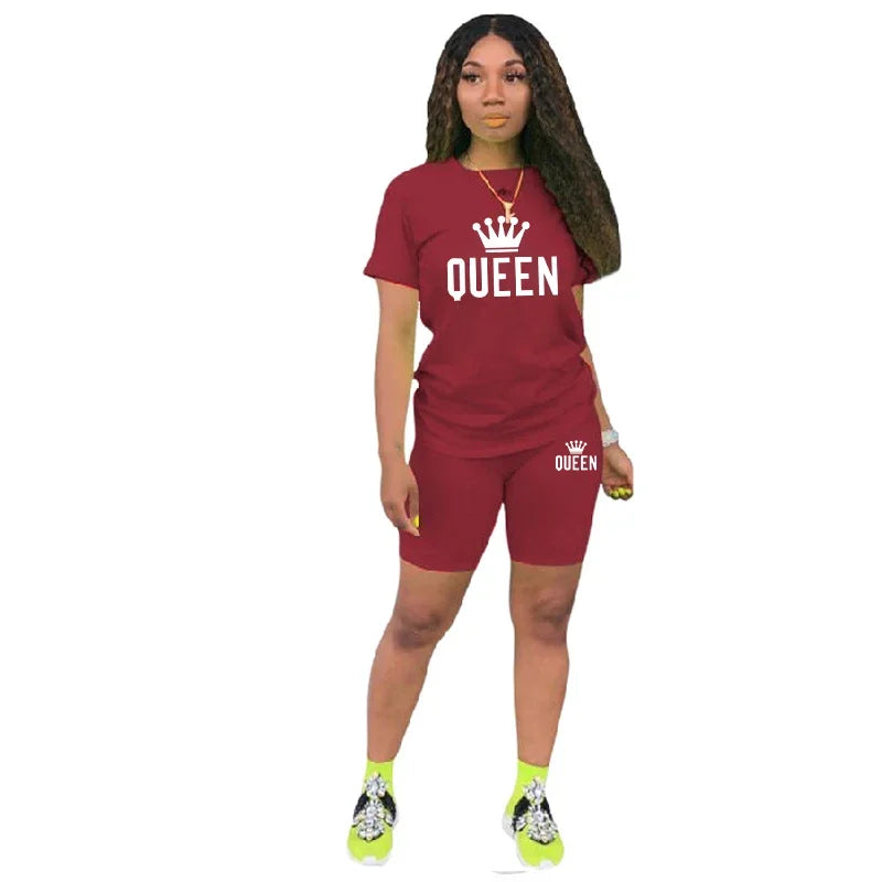 Summer Womens Tracksuit Queen Printing T-Shirt+Shorts 2 Piece Sets.