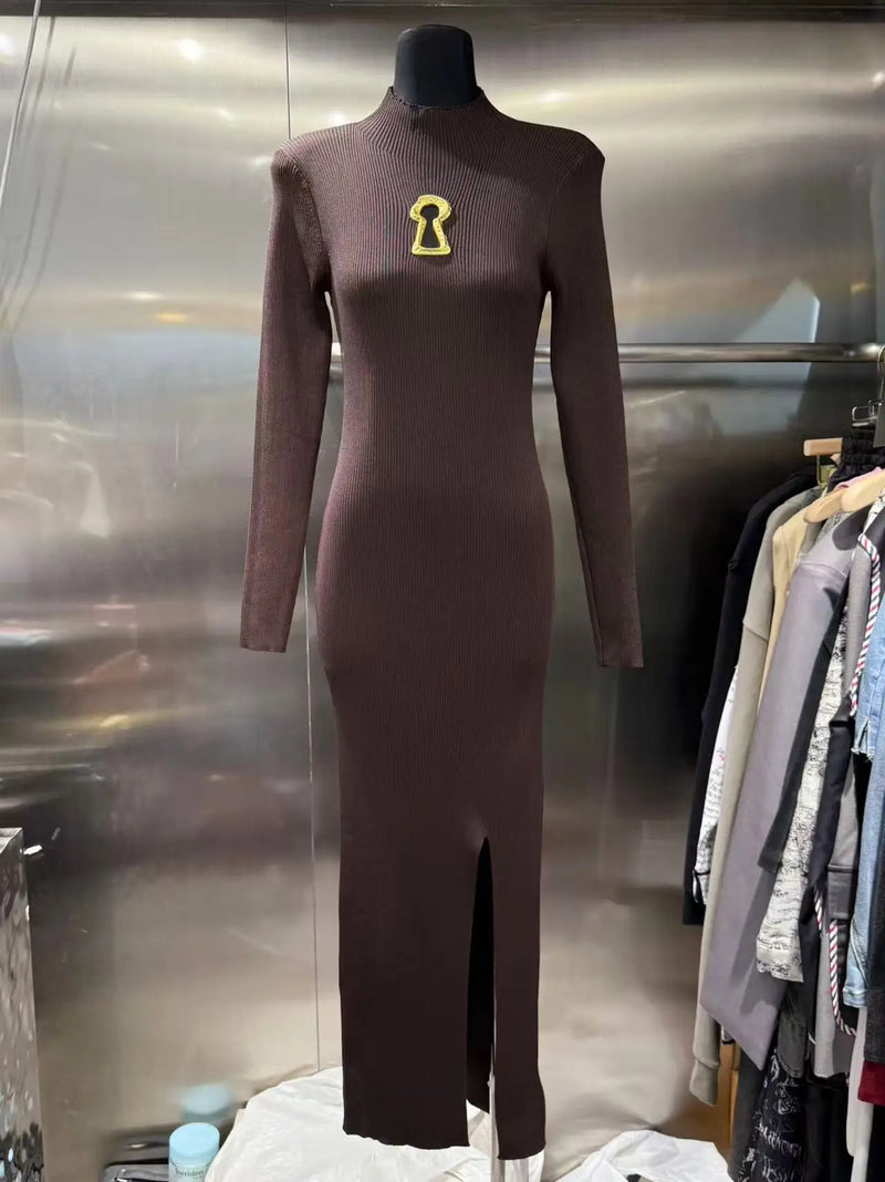 European Women Clothes Long Sleeve Waist-Cinching Knitted Long Dress.