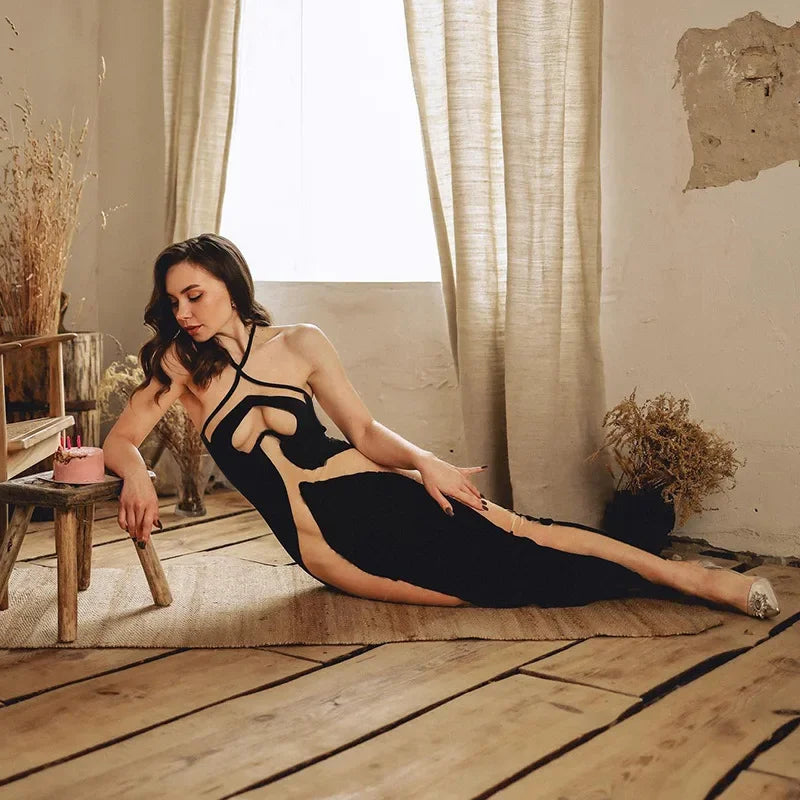Mesh Patchwork Halter Neck Dresses for Women.